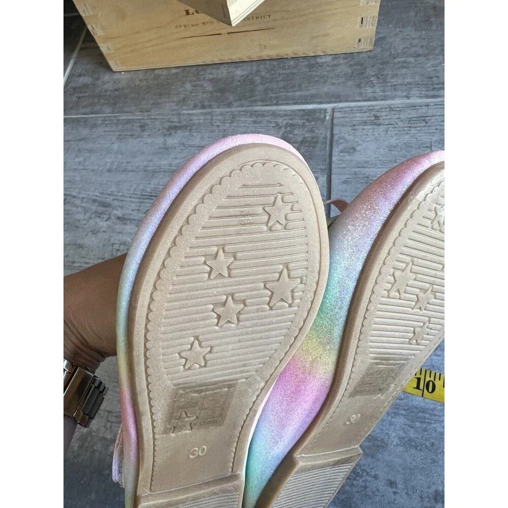 Girls Rainbow Glitter Shimmer Ombre Mary Jane Shoes Bows Flats Ballet EUR 30 12